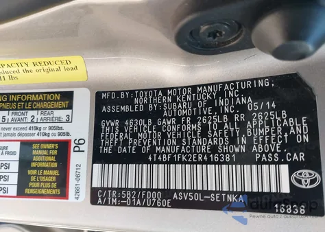 2014 Toyota Camry Le from USA, damaged, VIN 4T4BF1FK2ER416381